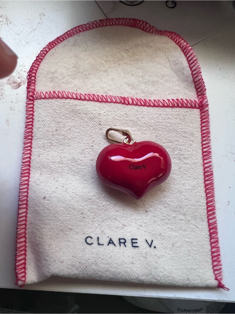 Clare V. glossy red Mylar heart charm necklace with gold clasp